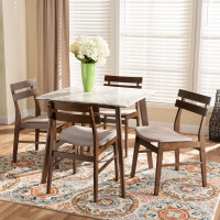 Baxton Studio Richmond-LatteWalnut-5PC Dining Set Baxton Studio Richmond Mid-Century Modern Light Beige Fabric Upholstered and Walnut Brown Finished Wood with Faux Marble Dining Table
